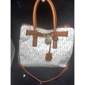 Michael Kors Hamilton Large Vanilla Logo Tote Bag with Chain & Lock Accents